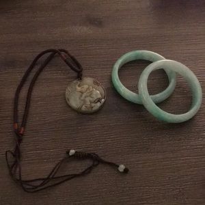 Elephant Jade Pendant Necklace & 2 Jade Bracelets